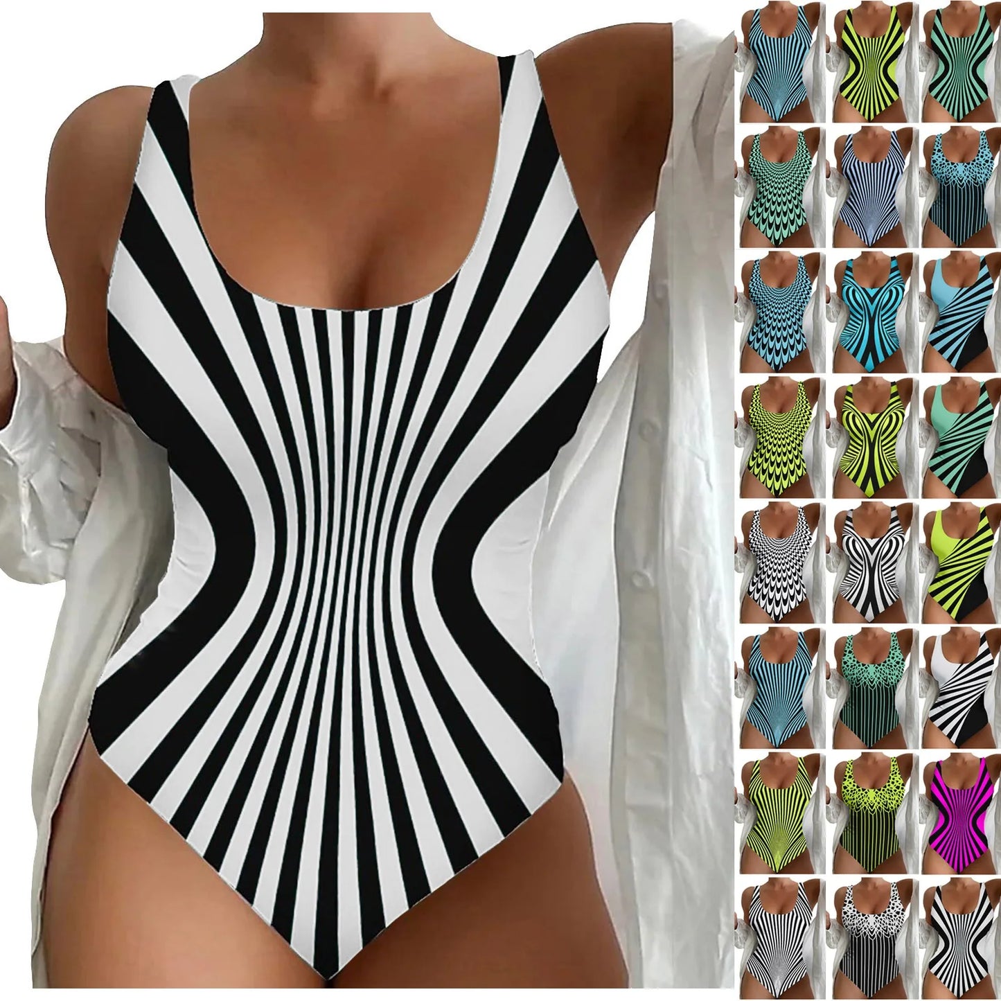 Plus Size U Neck Striped Print Figure Shaping Swimsuit for Women