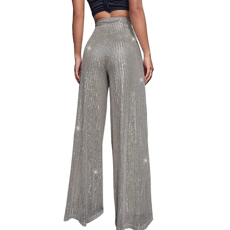 High Waist Sparkle Sequin Wide Leg Pants for Women