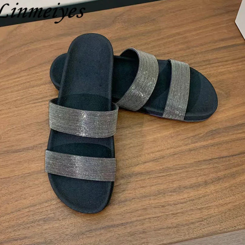 Cow Suede Bead Chain Narrow Strap Slippers for Women