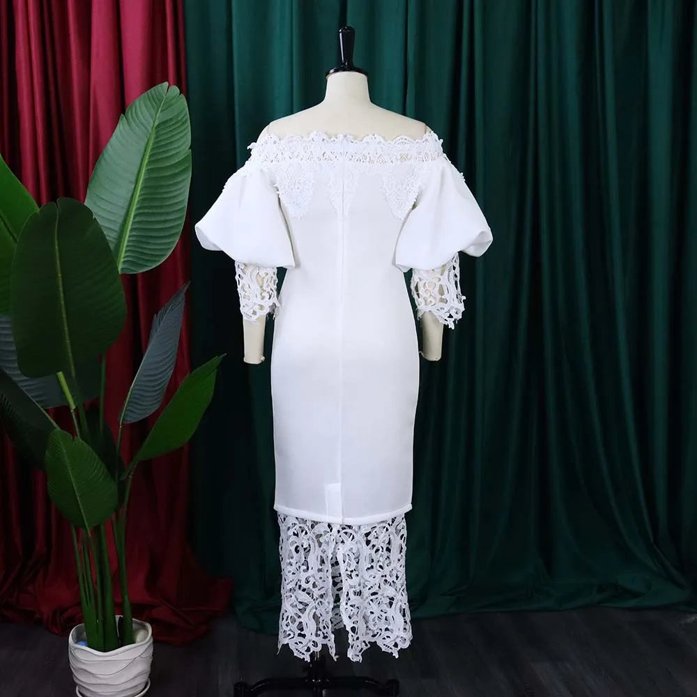 Elegant Dresses for Woman Off the Shoulder Lantern Sleeve Lace Patchwork Sheath Package Hips Ankle Length Luxury Birthday Dress