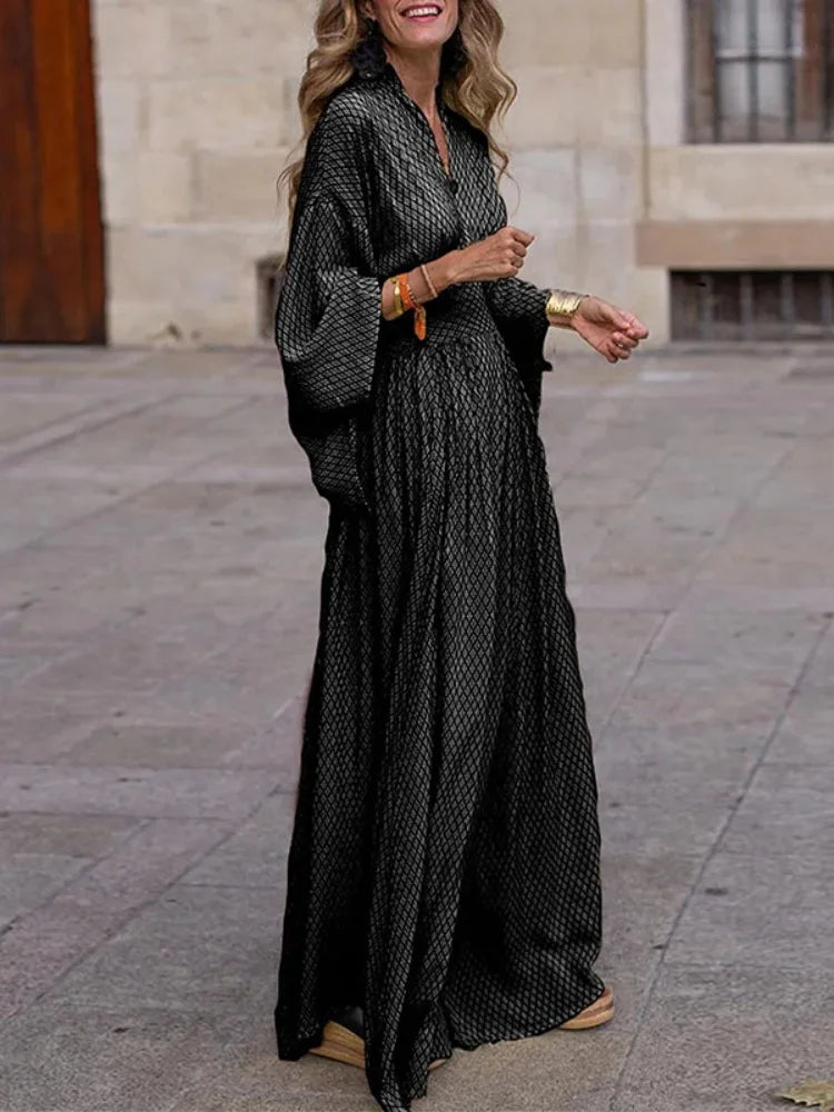 Gymystars Black Plaid Long Dresses Women's Evening Dress 2025 Loose Flared Sleeves Pleated Vintage V-Neck Vacation Party Dress