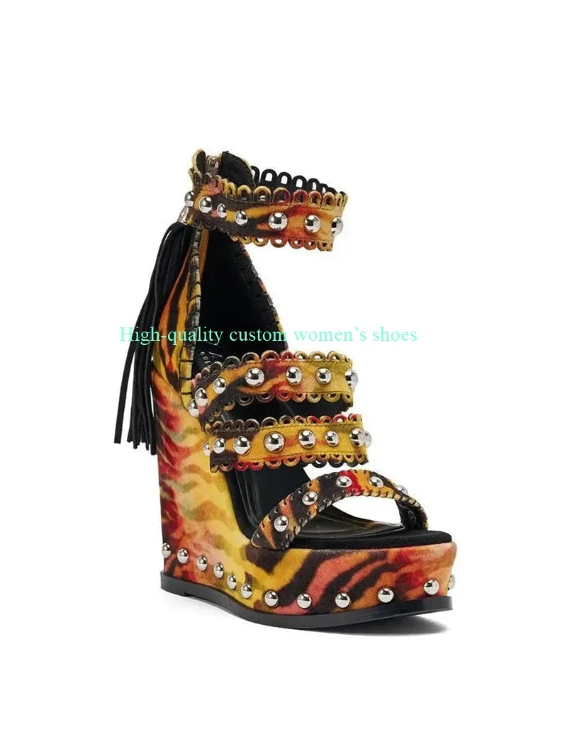 Rivet Detail Leopard Print Platform Sandals For Women