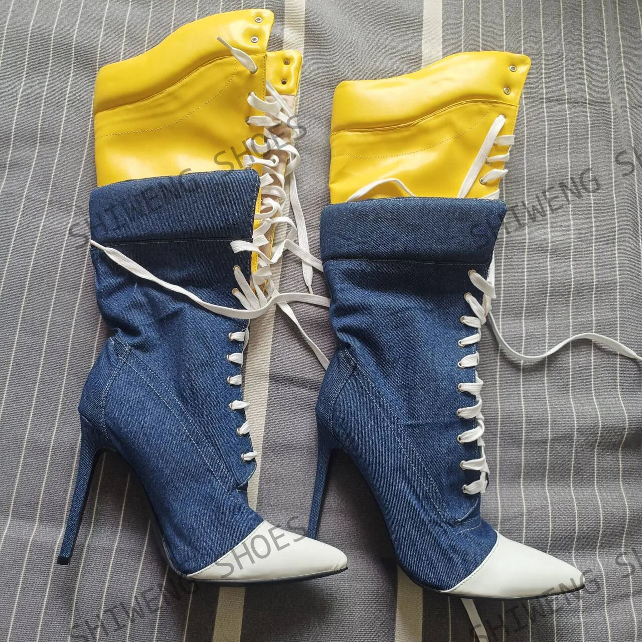 Patchwork Canvas Knee Boots