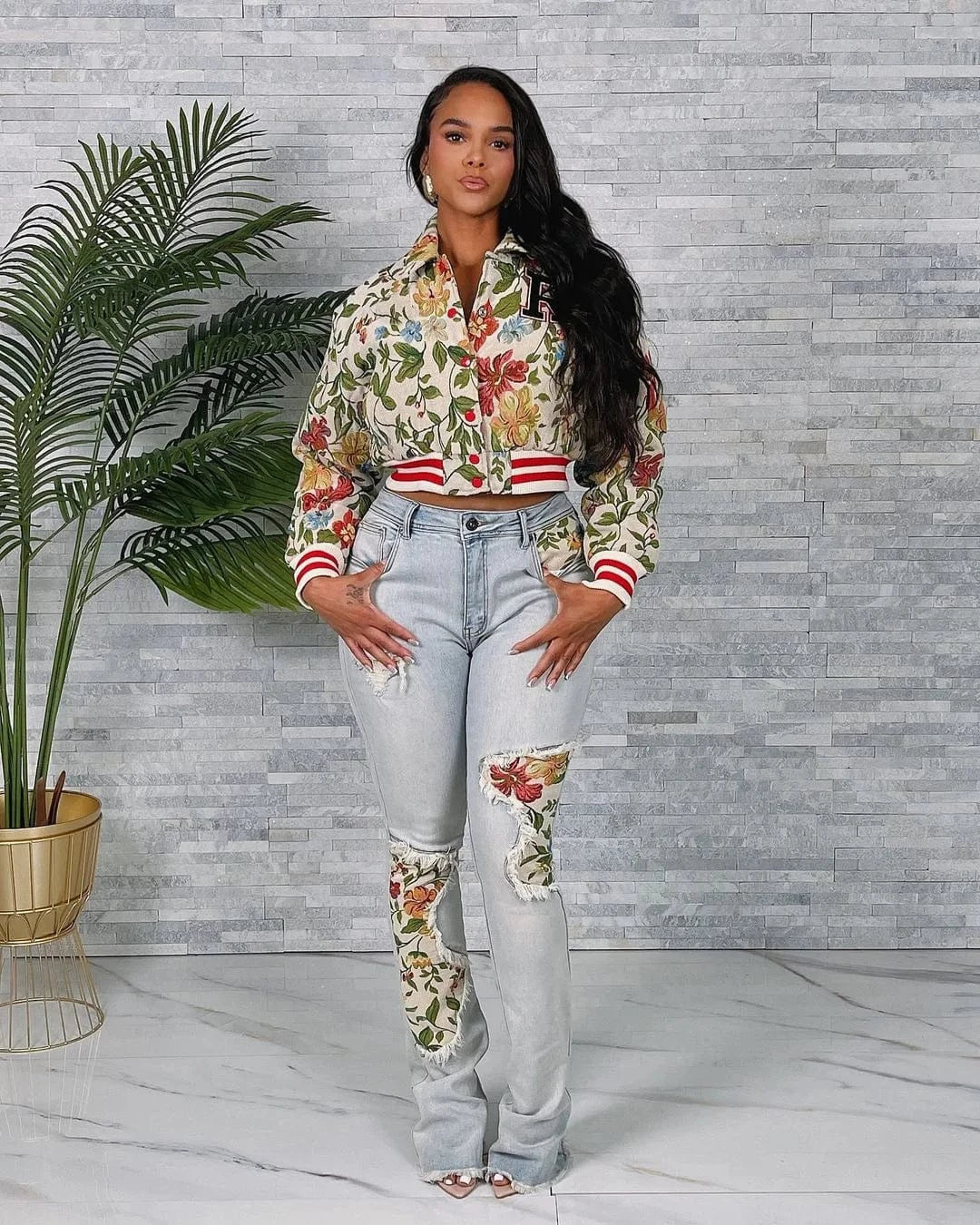 Streetwear Floral Print Short Jacket Sexy Women Turn Down Collar Elegant High Street Club Coat Outerwear
