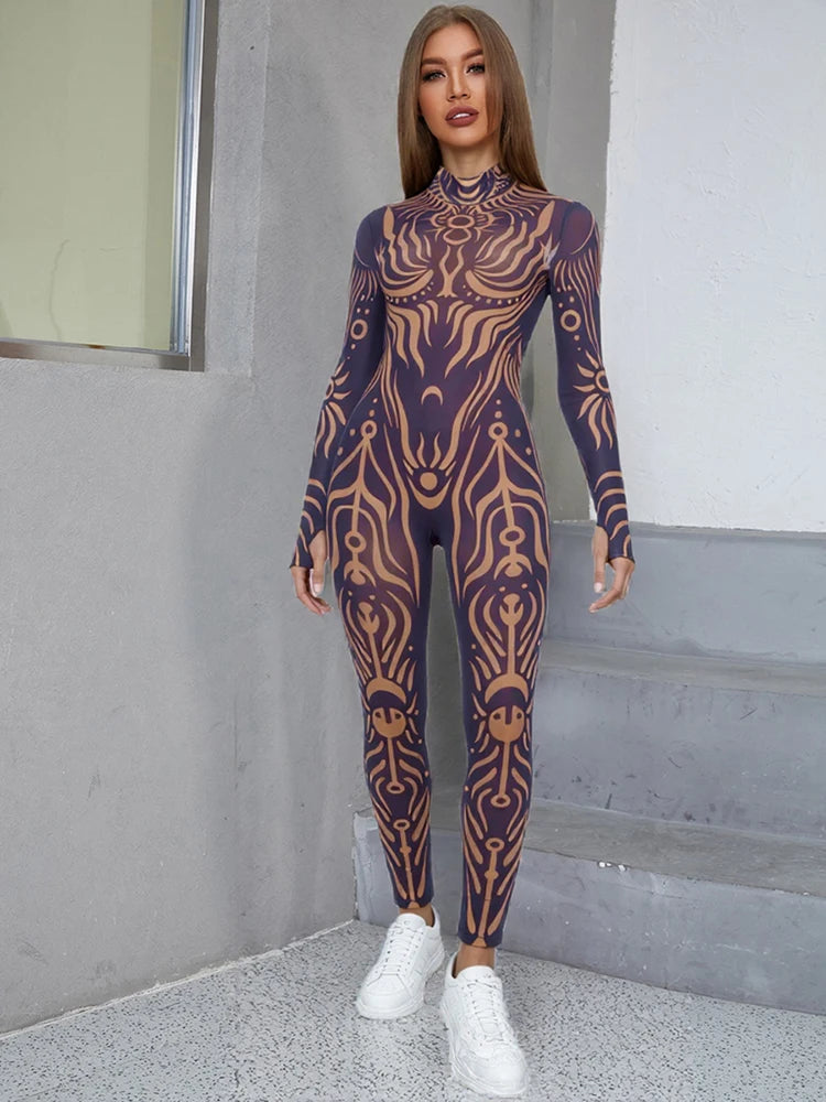 Nibber See Through Jumpsuit Women High Neck Vintage Print Long Sleeve Stretch Skinny Sexy Midnight Fashion Wild Street Outfits