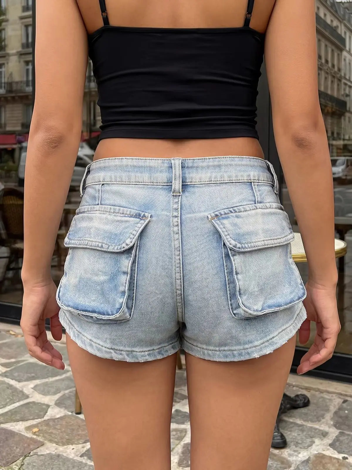 Mid Waist Streetwear Inspired With Pockets Denim Shorts for Women