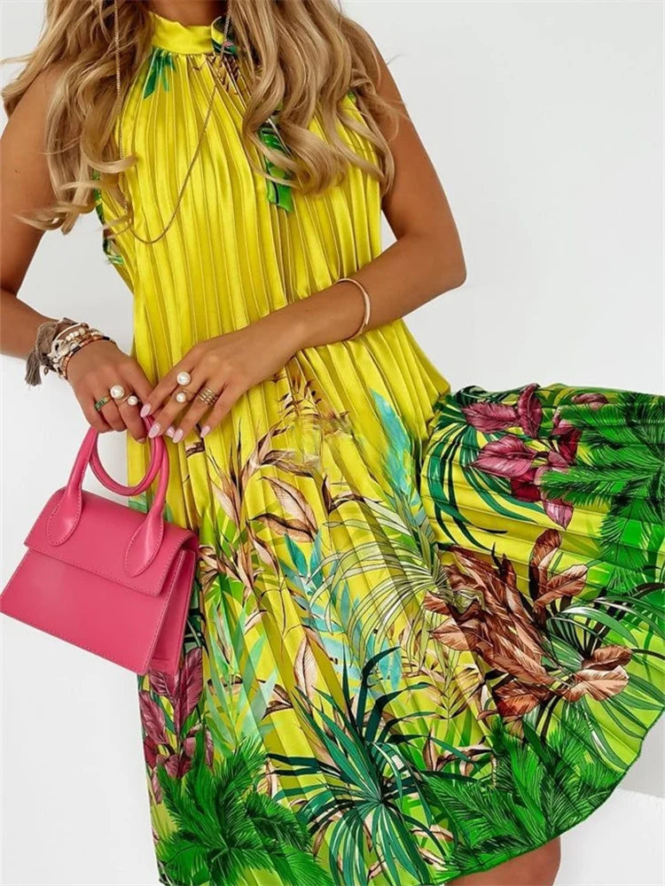 Wmstar Women Dress Lady Casual Loose Halter Pleated Maxi Fashion Leaf Print Sleeveless Beach Boho Elegant Halter Long Dresses