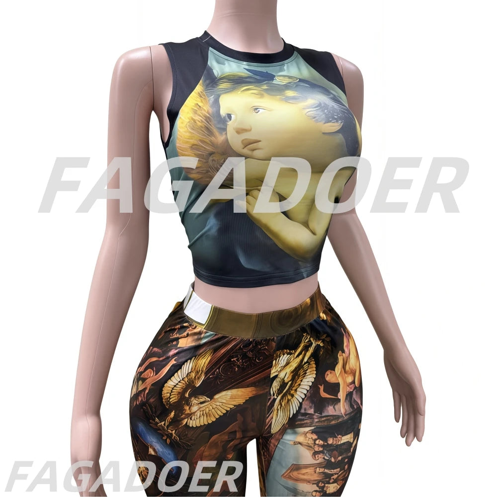 FAGADOER Fashion Print 2 Piece Sets Woman Outfit Oil Painting Sleeveless Crop Top And Pants Female Streetwear Summer Spring New
