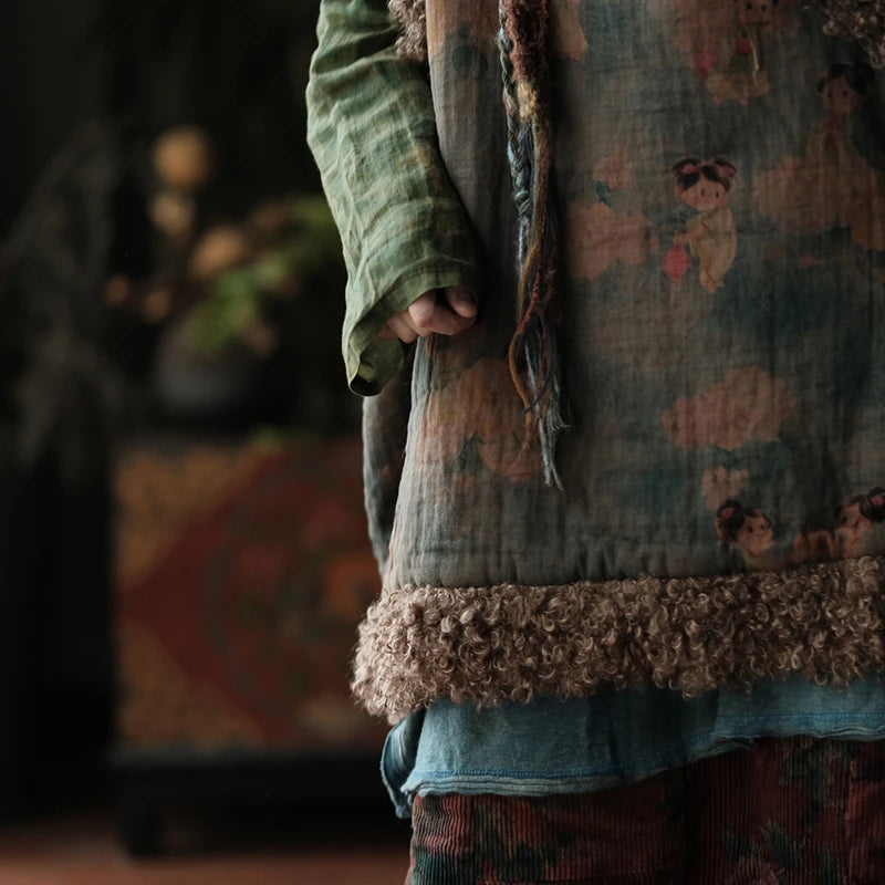 Winter Vintage Cartoon Print Knit Vest Coat for Women