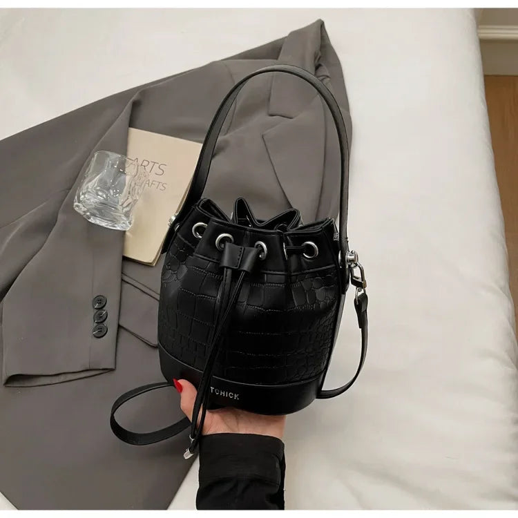 2025 New Trendy Women's Drawstring Tote Bag - Vintage Stone Texture Crossbody Satchel with Retro Minimalist Design