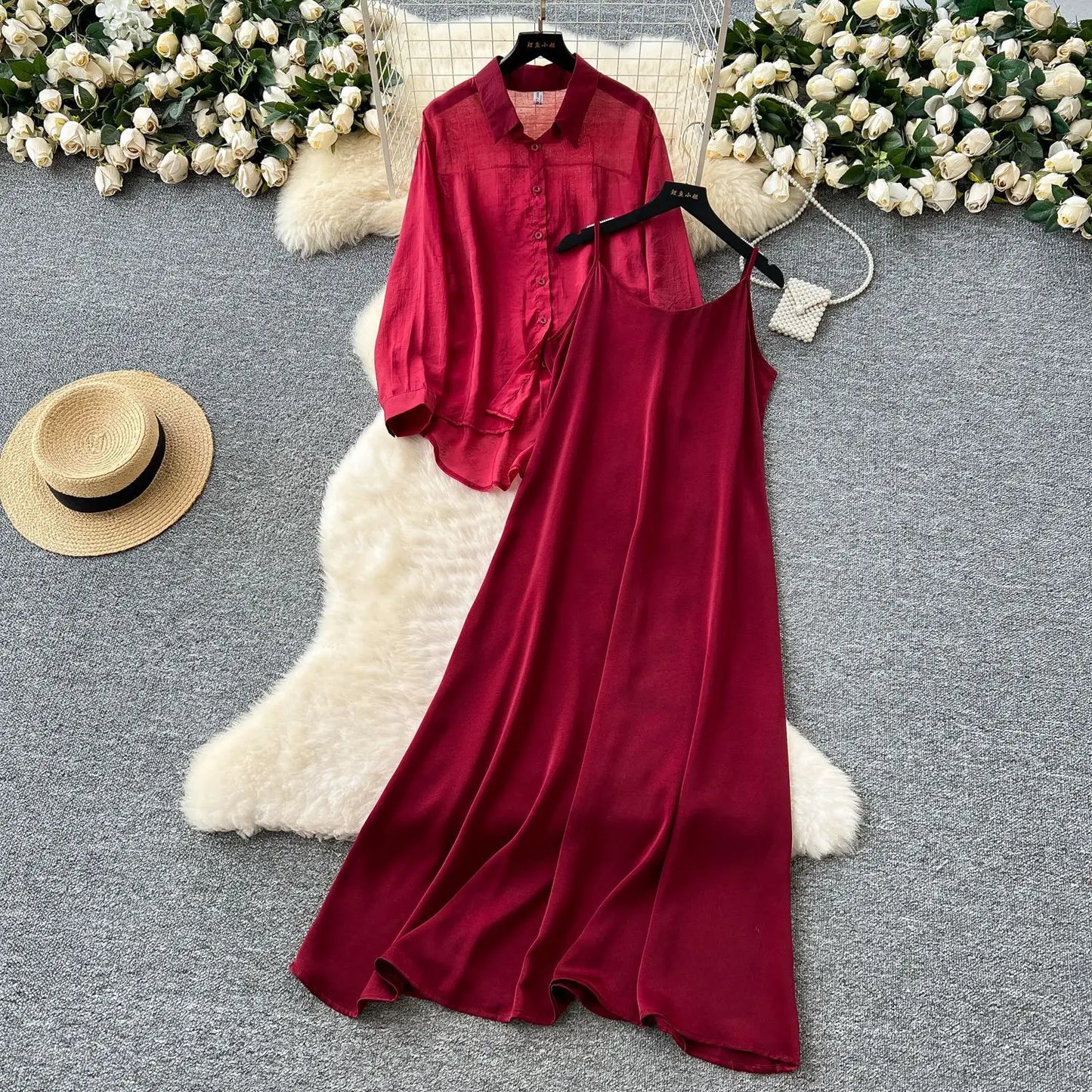 Elegant Long Sleeve Turn Down Collar Solid Color Two Piece Set for Women