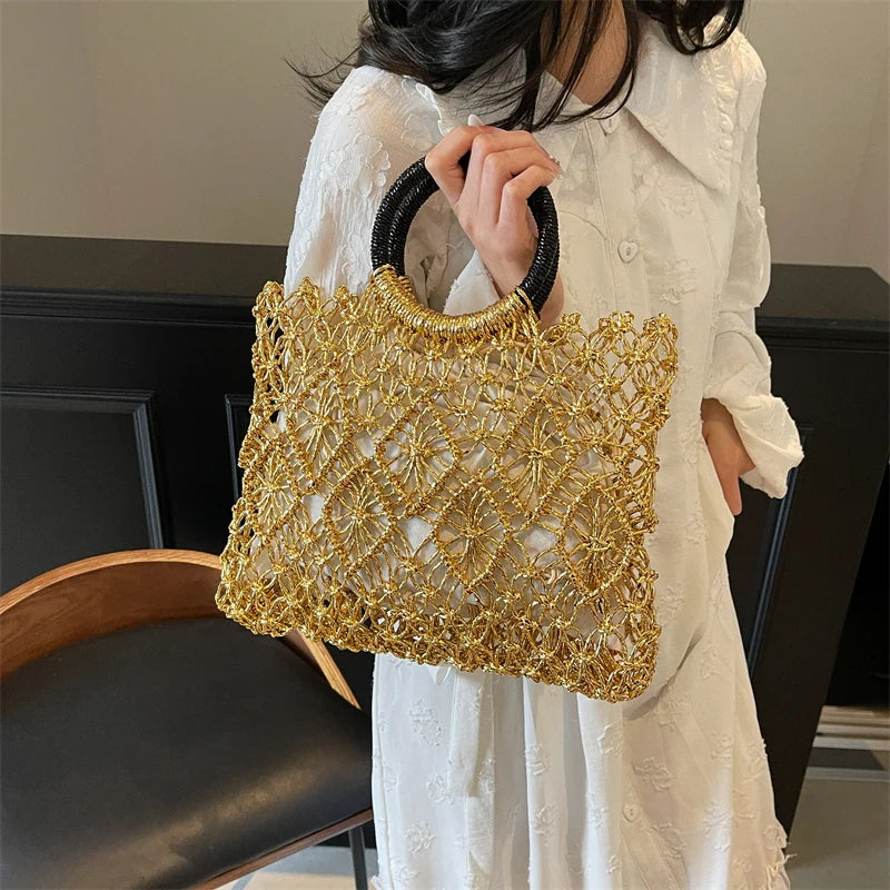 Eco Friendly Woven Round Handle Hollow Out Craft Paper Handbag for Women