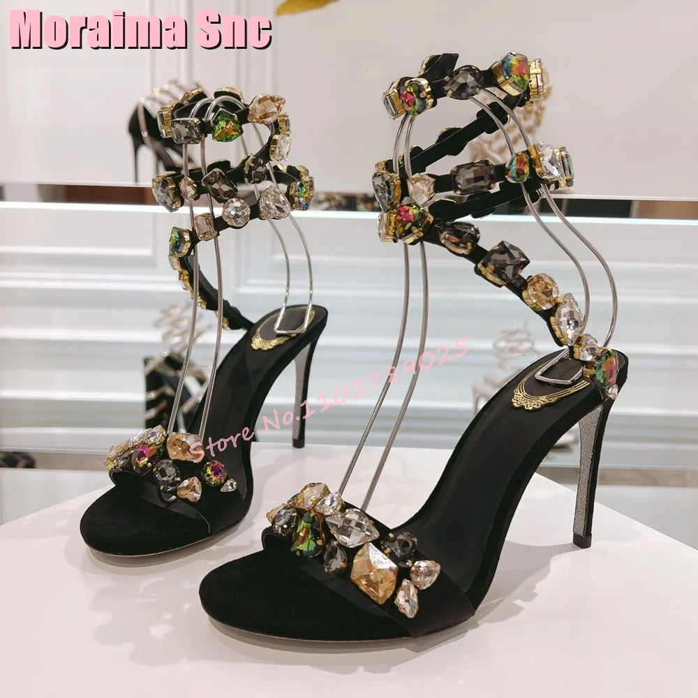 Elegant Crystal Embellished Stiletto Sandals For Women