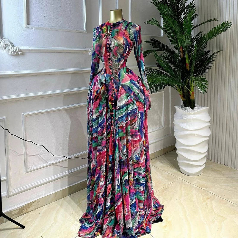 Chic O-Neck Printed Long Sleeve Casual Summer Dress for Women