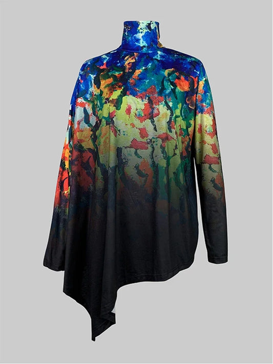 Female Asymmetric High Neck T-Shirts 2025 New Spring Long Batwing Sleeves Loose Vintage Printed Elegant Casual Tops