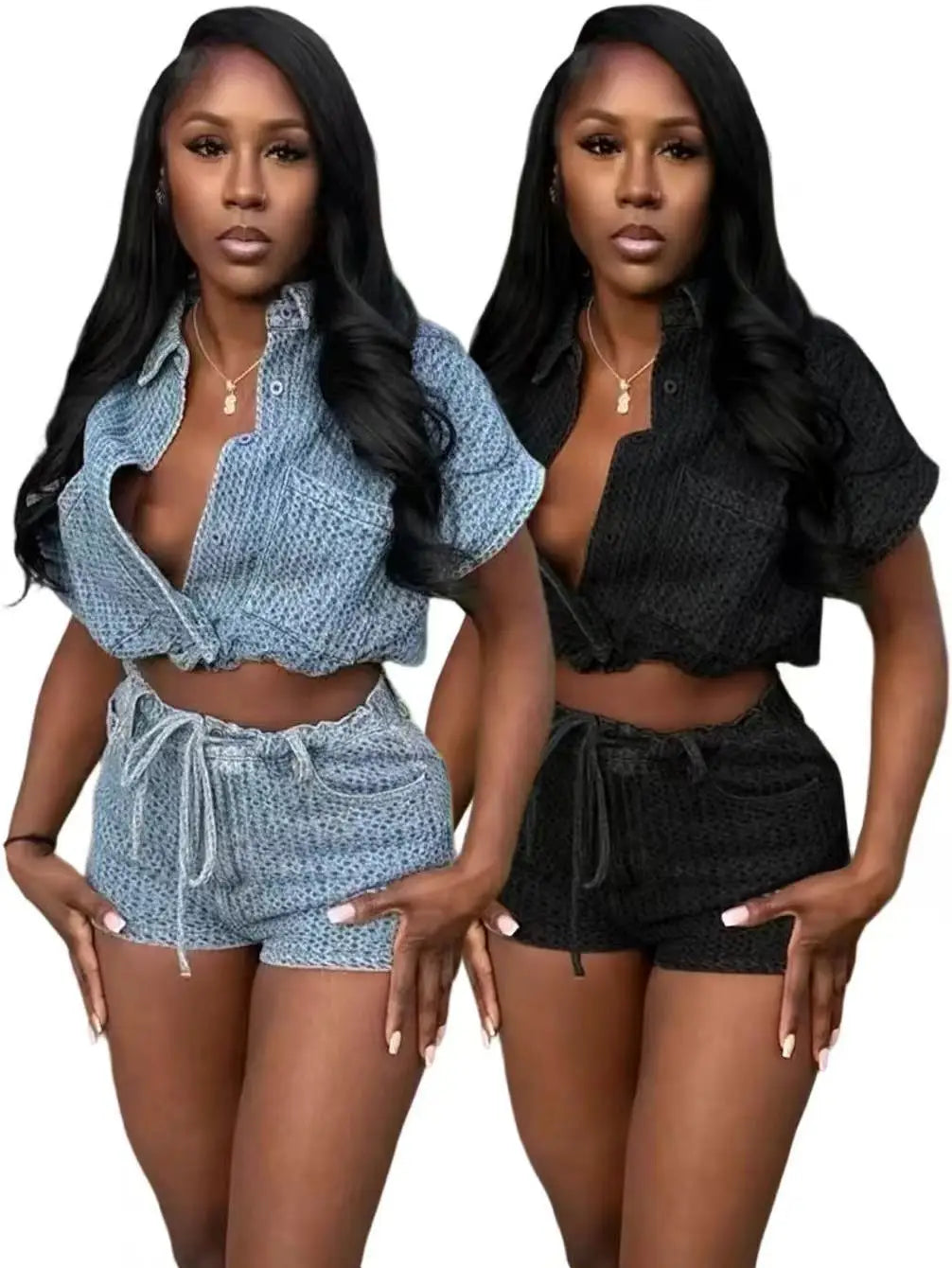 Embroidered Polo Neck Two Piece Denim Shorts Set for Women