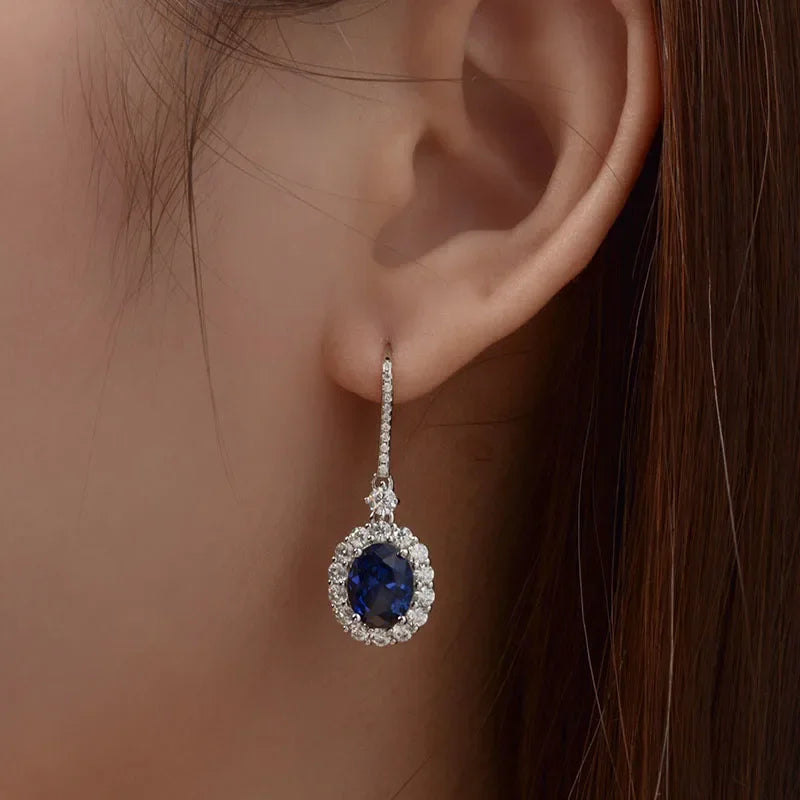 Drop Earrings With Oval Cut Ruby And Sapphire Stones In Sterling Silver 925, Vintage Style