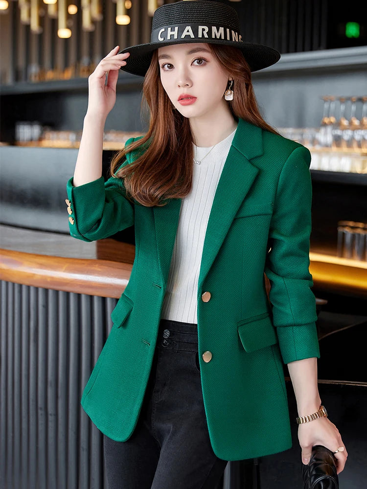 Fashion Ladies Blazer Women Green Black Khaki Long Sleeve Female Business Work Wear Slim Formal Jacket For Autumn Winter