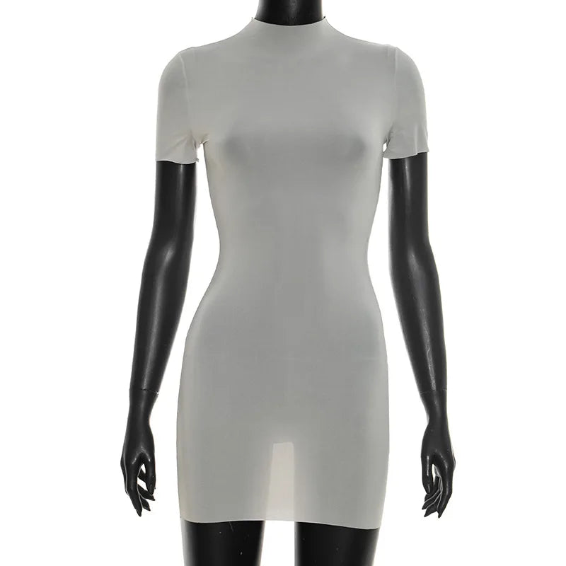 Sheer Short Sleeve Stretch Bodycon Mini Dress Solid Color for Women