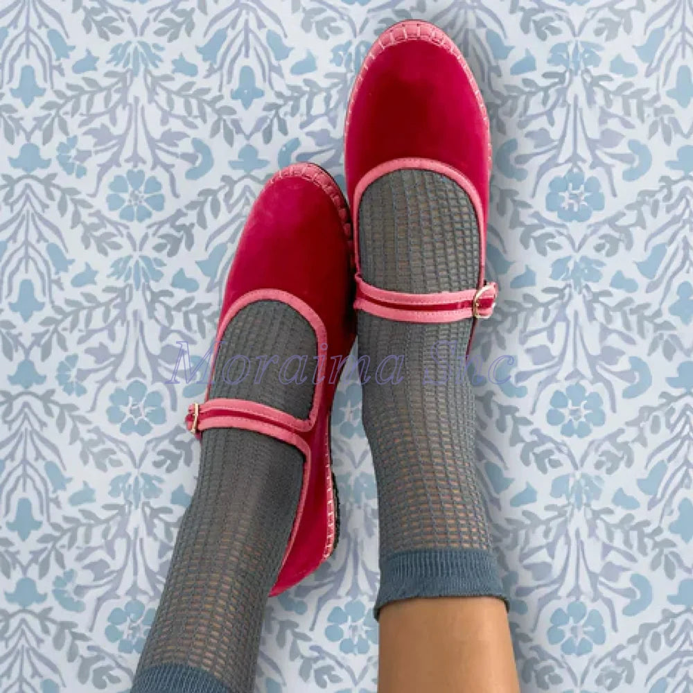 Round Toe Grey Velvet Mary Jane Ballet Flats for Women