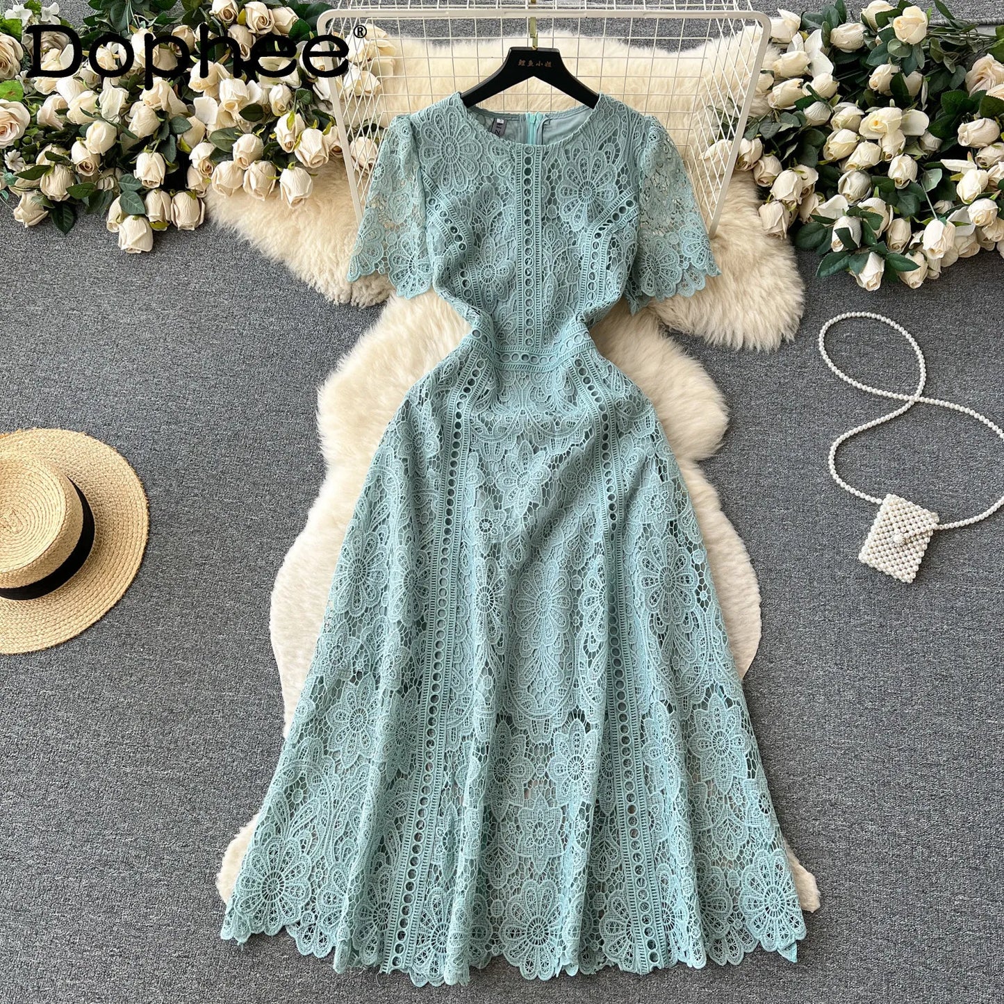 Korean Version Retro High-end Round Neck Lotus Leaf Sleeve Lace Dress for Women's 2026 Summer New Temperament Elegant Long Dress