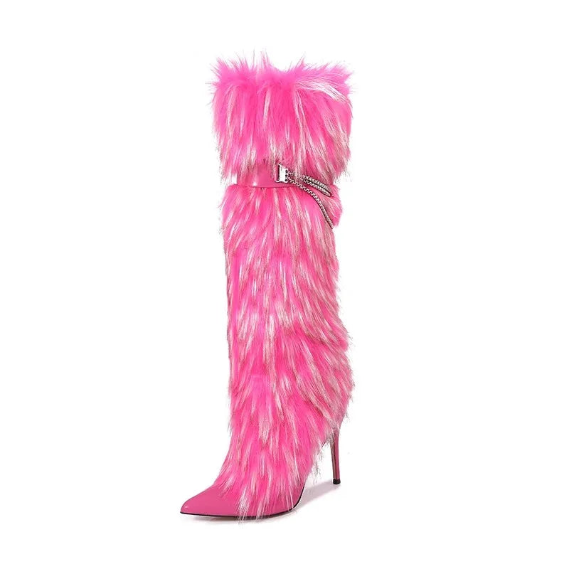 Elegant Faux Fur Knee High Stiletto Boots for Women