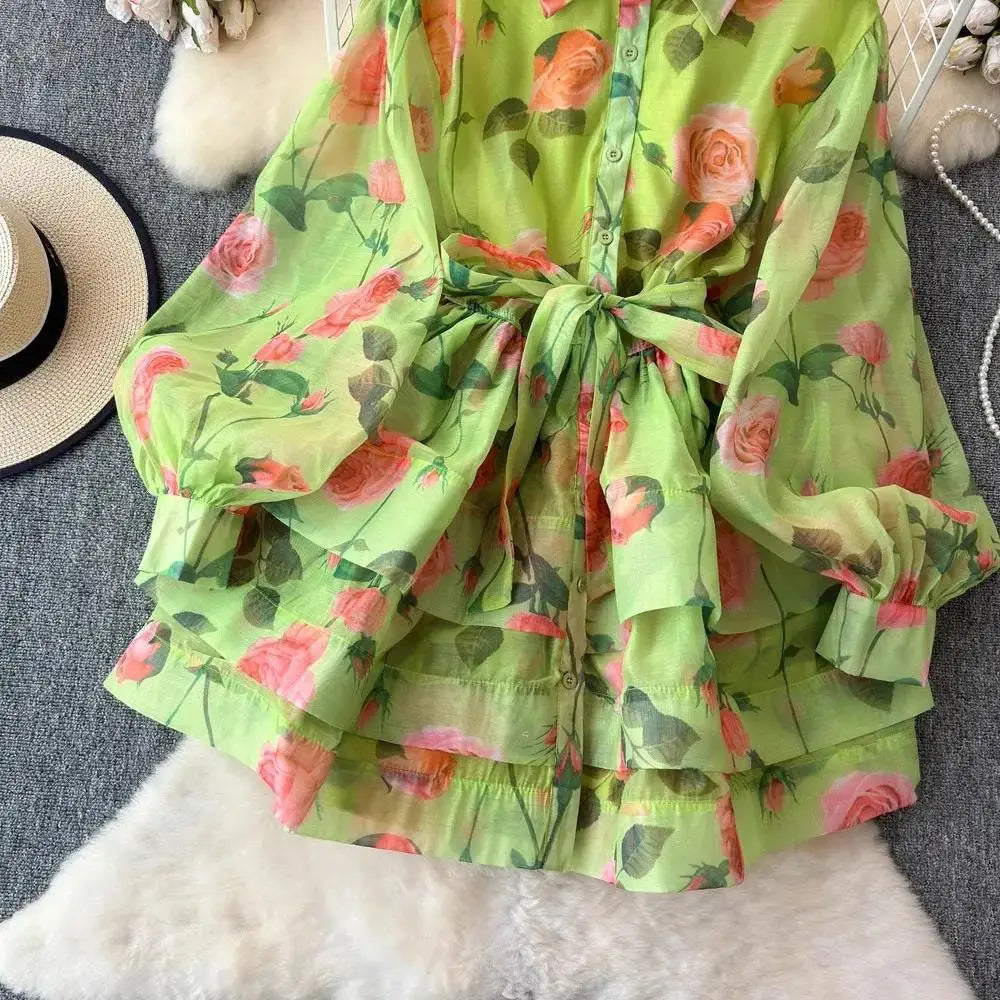 Women Lantern Sleeve Floral Print Lace Up Belt Summer Ball Gown Cute Dress Holiday Gorgeous Flower Ruffles Layer Cake Mini Dress