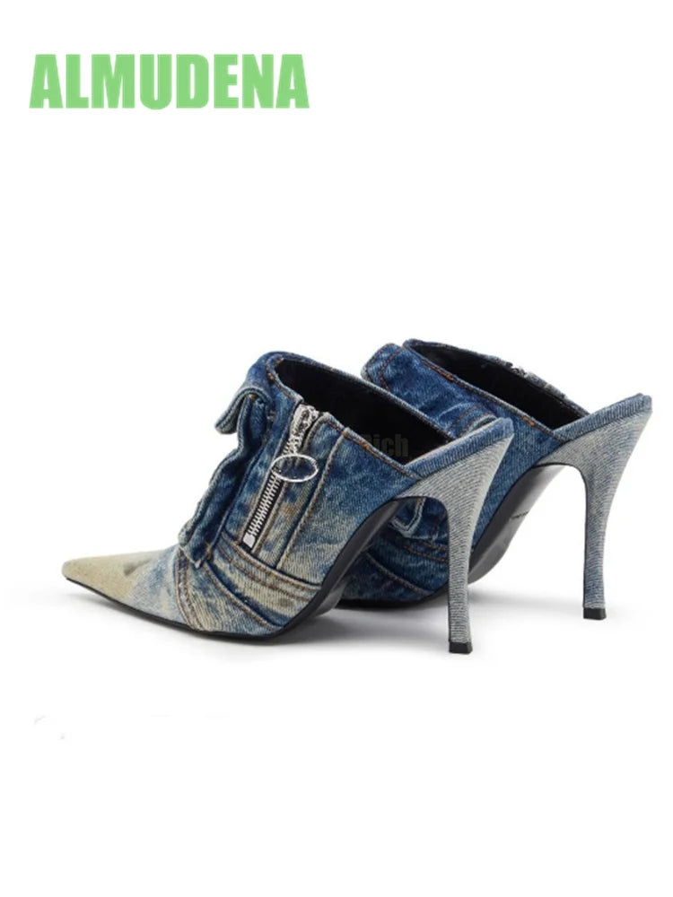 Denim Wrapped Thin High Heel Pointed Toe Pumps For Women