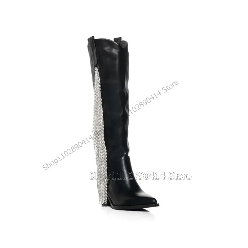 Crystal Tassel Black Leather Pointed Toe Knee High Boots Chunky Heels For Women