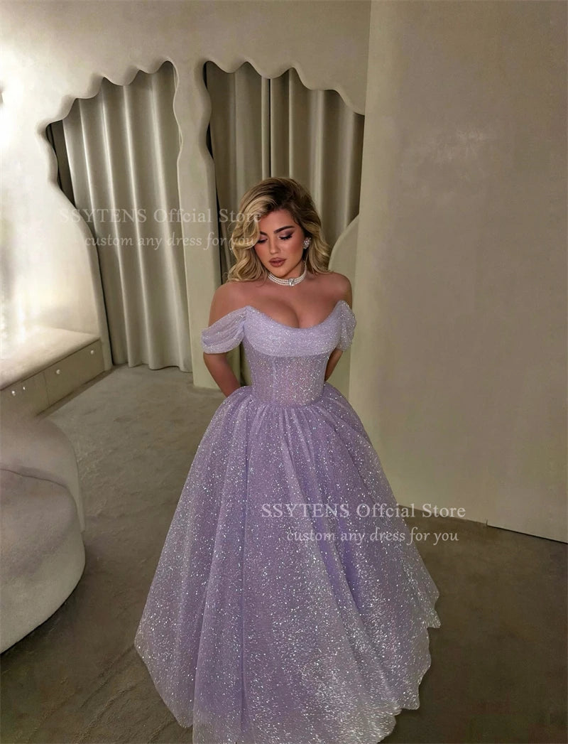 Glitter Lavender Off-Shoulder A-Line Evening Dress for Women