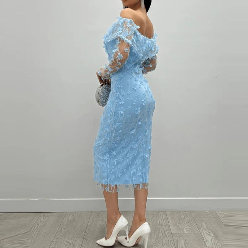 Floral Mesh Off Shoulder Slim Fit Party Long Dress for Women