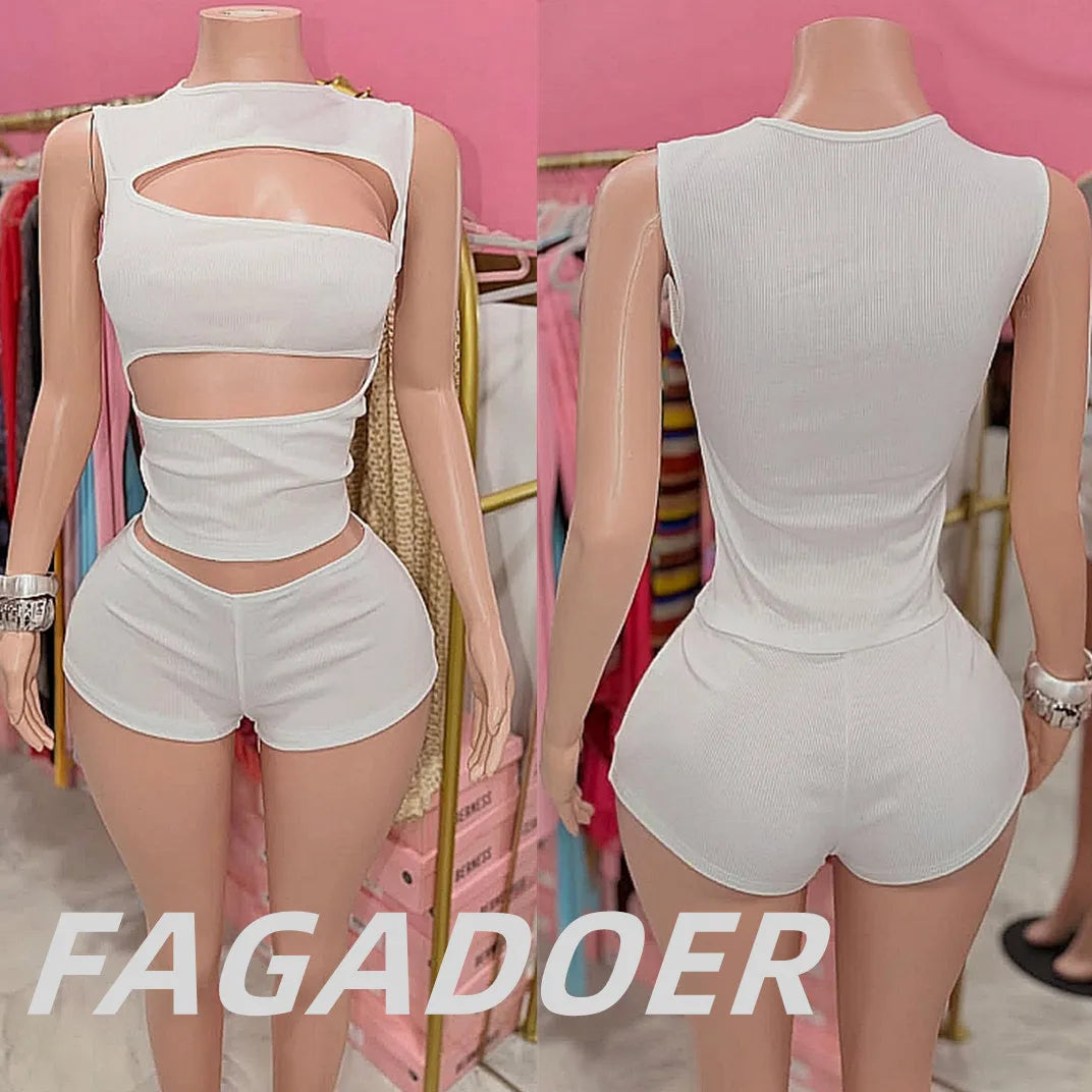 Hollow-Out Patchwork Crop Top and Shorts Set for Women