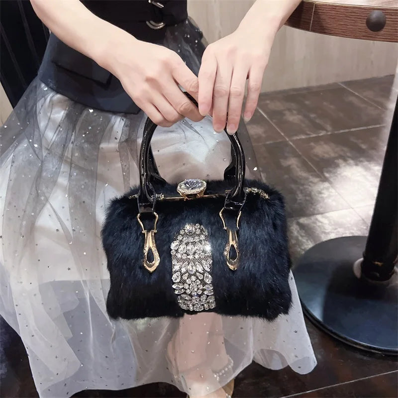 Original Designer Brand Rabbit Hair Bag New Fashion Leather Handcarry Shoulder Crossbody with Diamond Hair Bags for Women