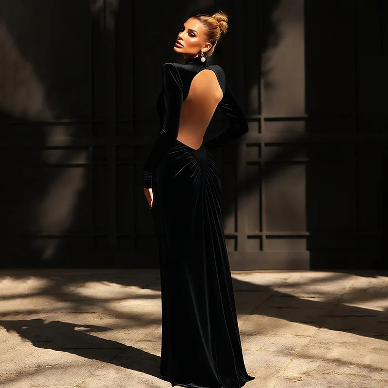 Long Sleeve Backless Ruched Maxi Dress
