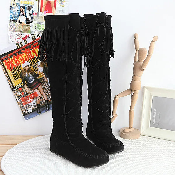 Vintage Inspired Fringe Lace Up Knee High Boots for Women