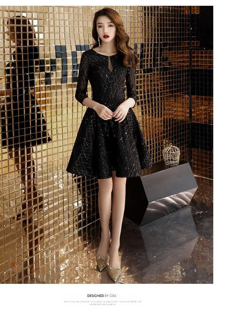 Black O-Neck Mid-Calf Evening Dress With Tatting For Women