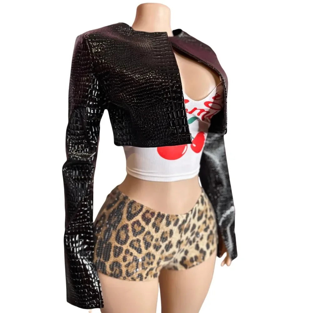 Chic Leopard Print Sequin Three Piece Set for Women