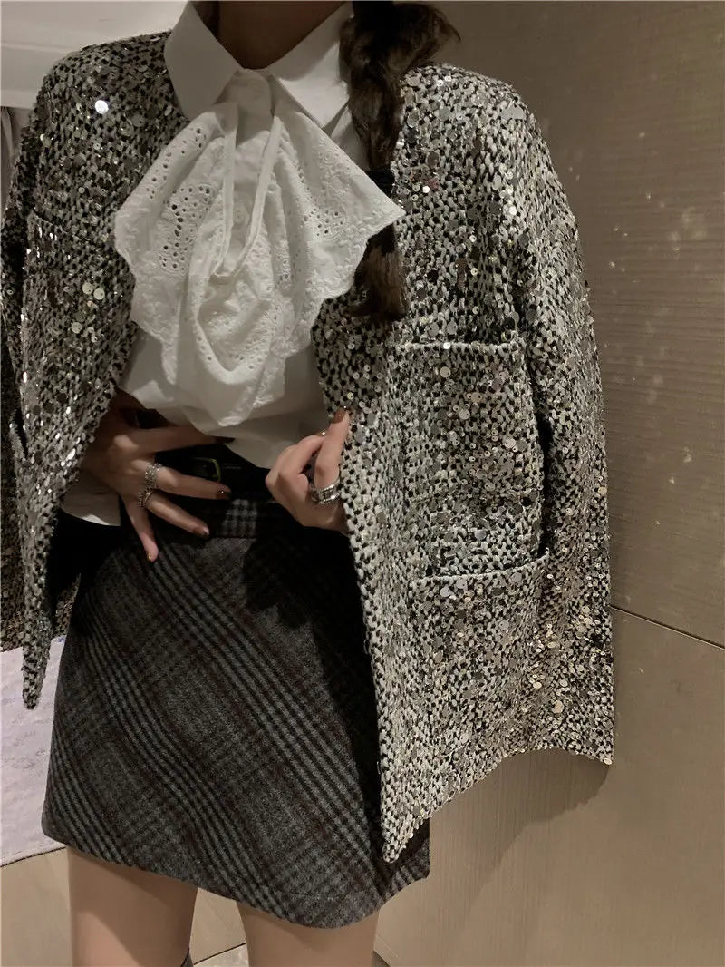 Elegant Sequined Tweed Button-Front Jacket for Women