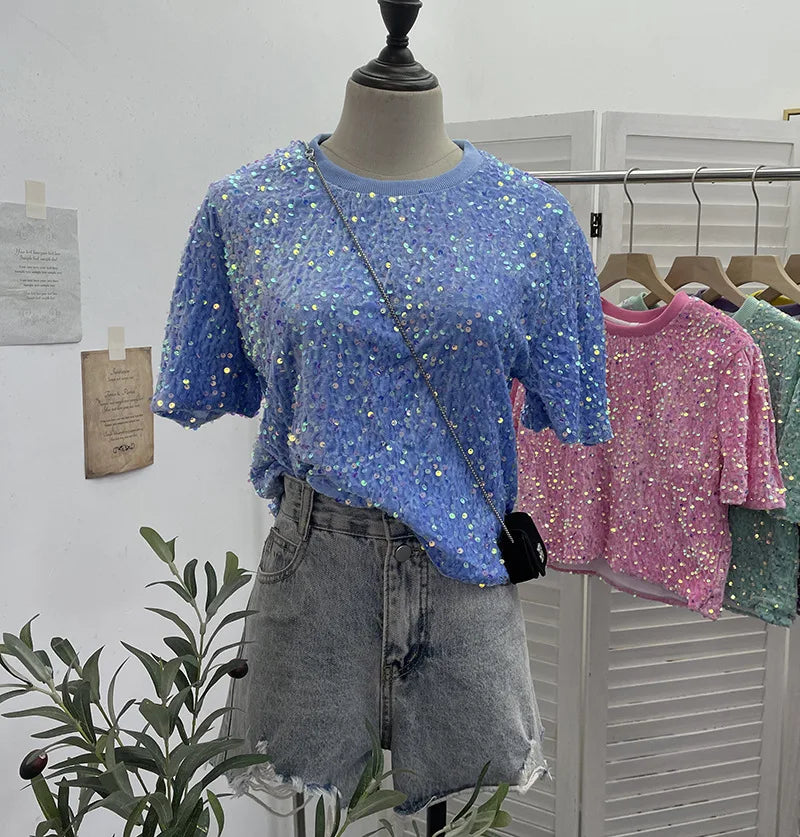 Spicy Girl Pink Sequins Short Sleeve T-shirt Round Neck Slimming Crop Top Blingbling Sexy Nightclub Multi Color Casual Tees