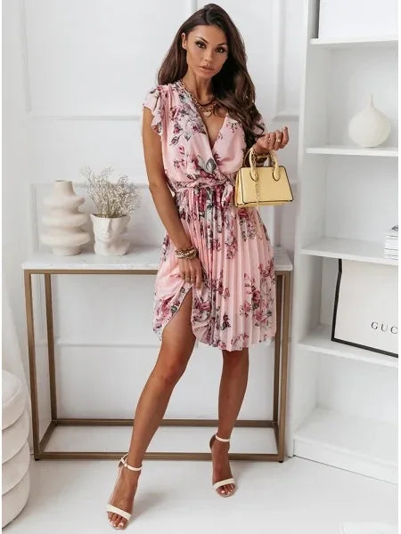 Floral Print Pleated Short Sleeve Ruffle Mini Dress for Women