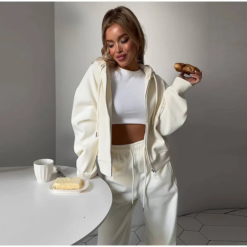 Casual Hooded Jacket and Wide Leg Pants Set for Women