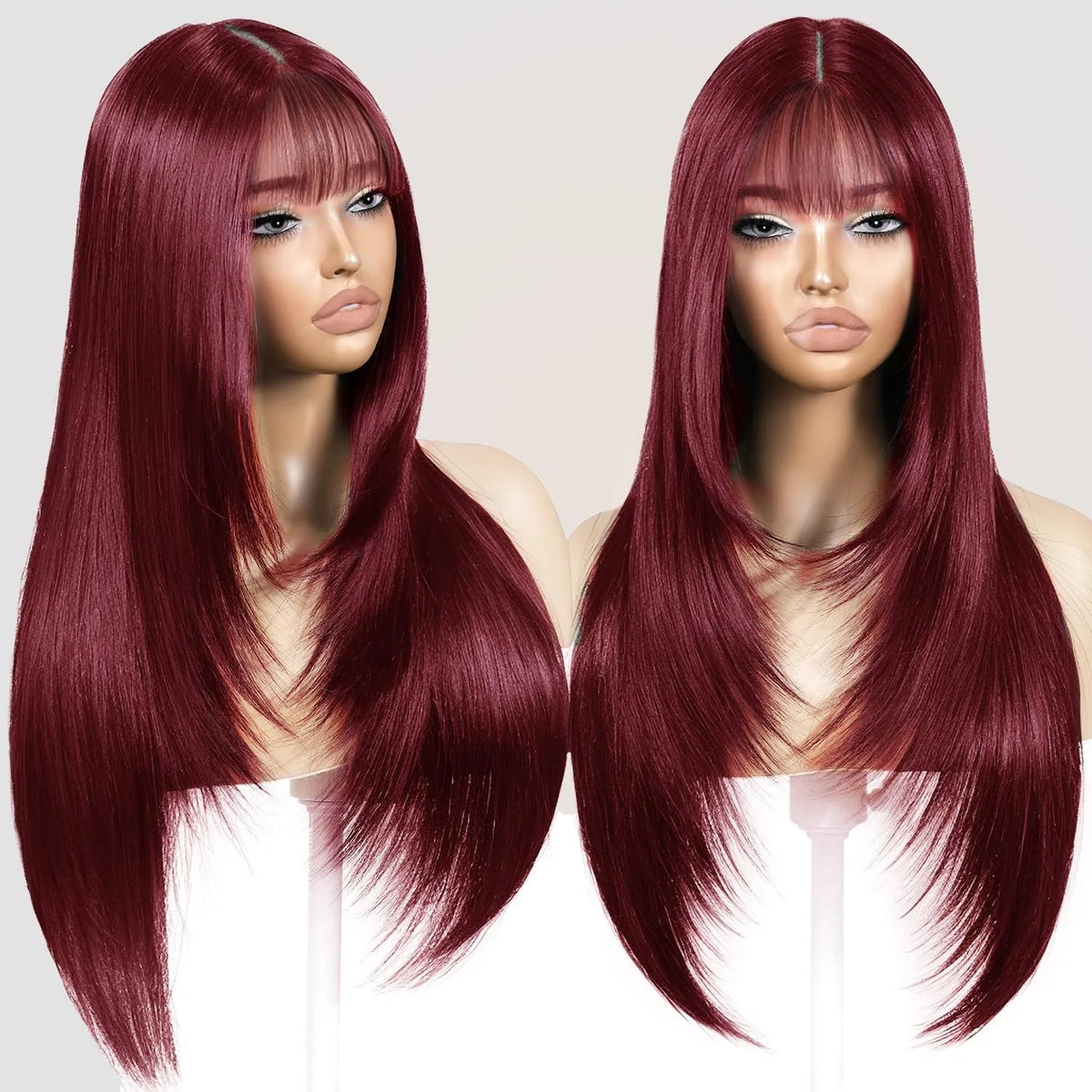 Natural Straight Layered Lace Front Wig With Bangs for Women