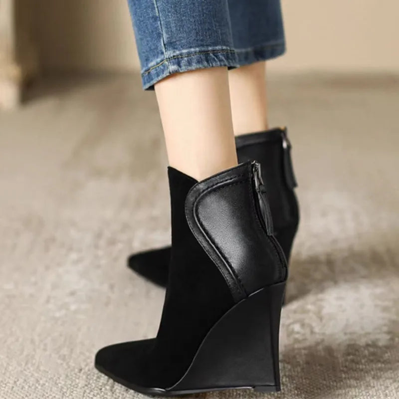 Vintage Pointed Toe Wedge Ankle Boots With Back Zipper For Women