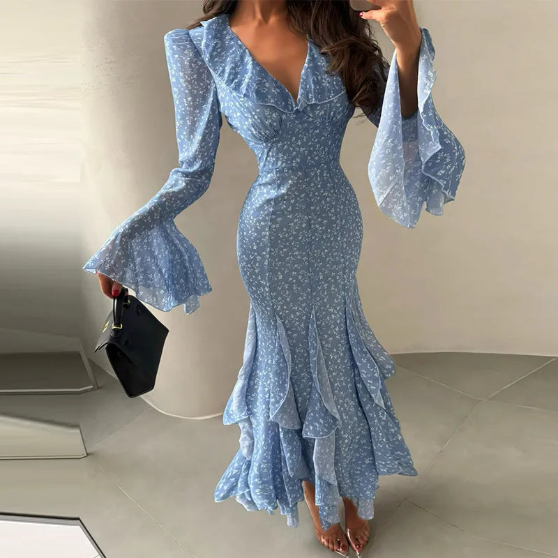 Printed V Neck Ruffle Sleeve Mid Calf Dress for Women