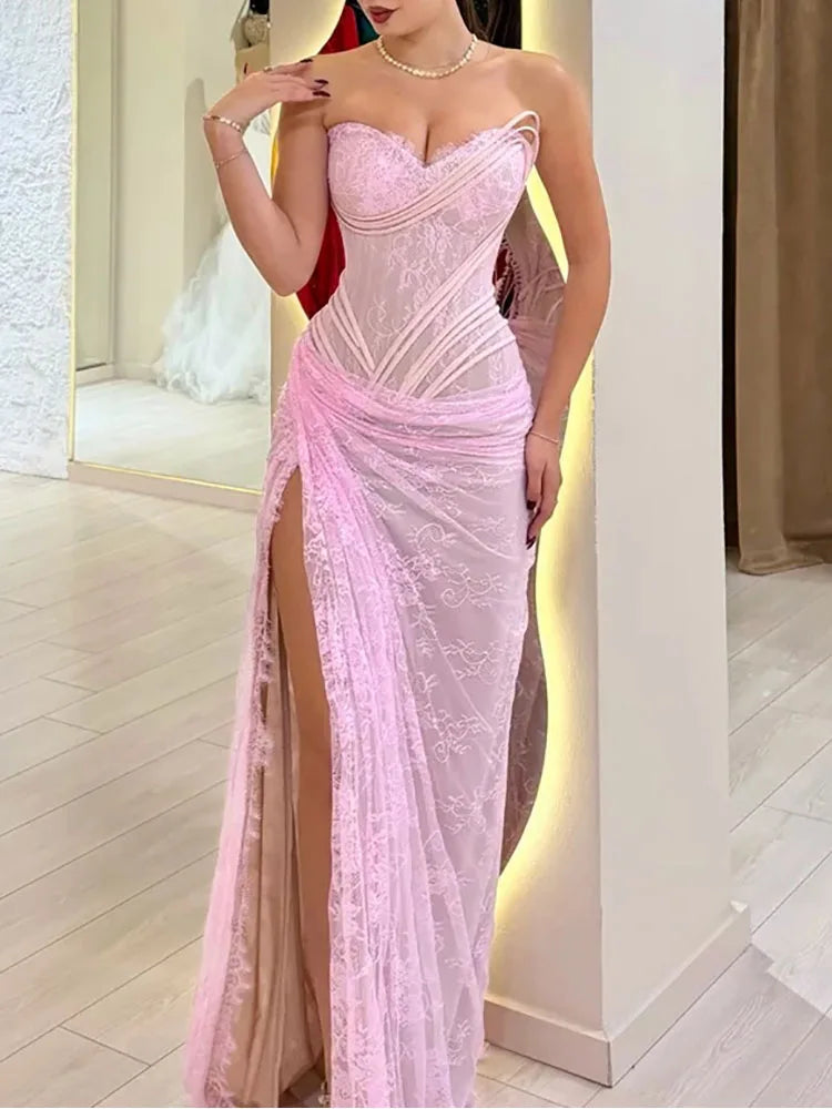 Pink Lace Wrap Backless Strapless A-Line Dress for Women