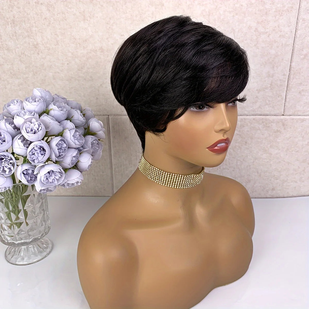 Pixie Cut Wig With Bangs Short Straight Mixed Color Remy Brazilian Human Hair Full Machine Made wig