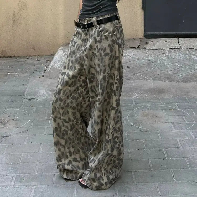 American Vintage Washed Leopard Print Wide Leg Jeans Women Stylish High Street Baggy Jeans Hip Hop Hot Girls Y2k Trousers