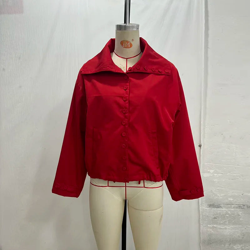 Casual Red Jacket With Turn-Down Collar and Long Sleeves for Women