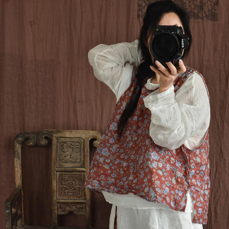 Casual Linen Tank Top With Vintage Floral Print for Women