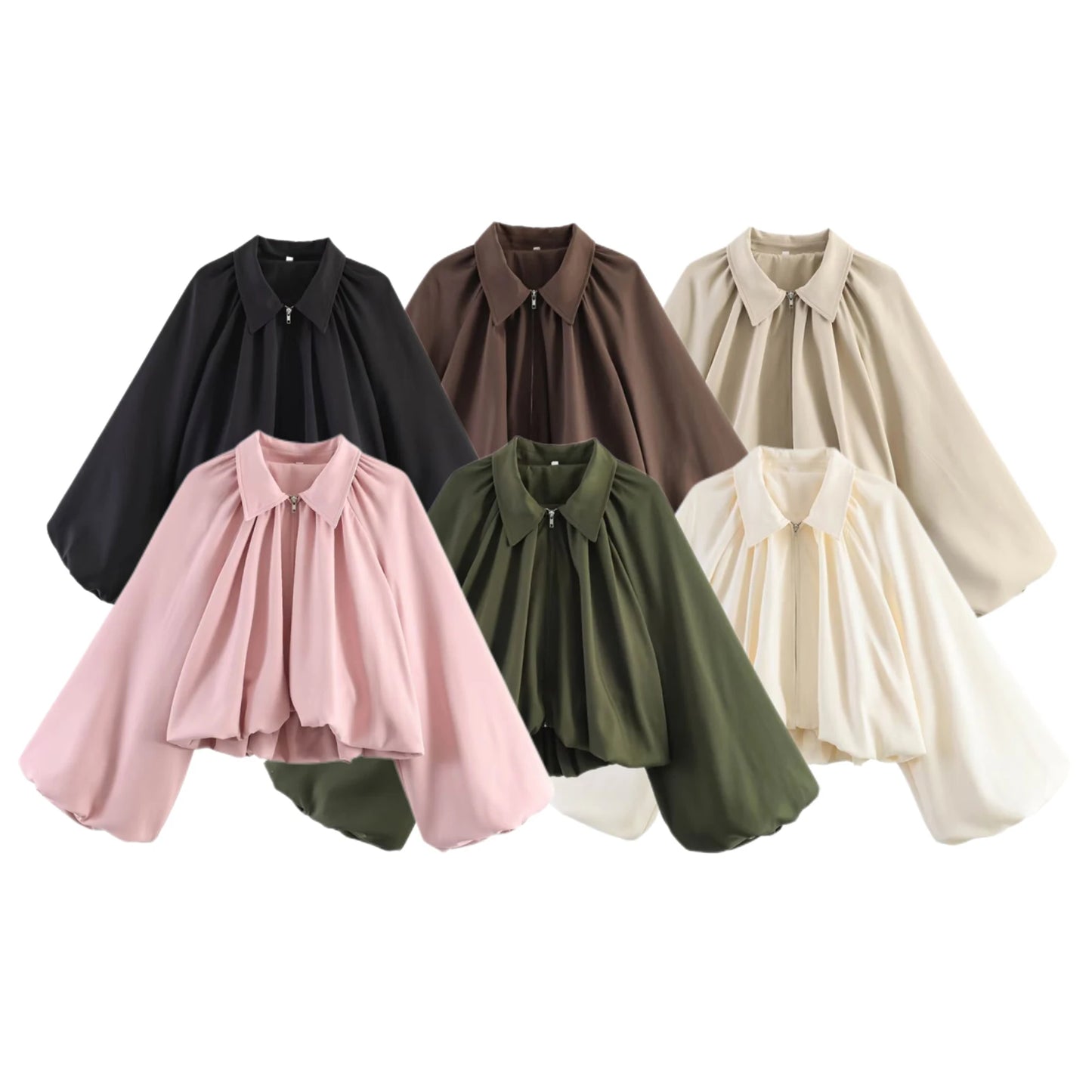 Elegant Solid Bomber Jacket With Puff Sleeves for Women